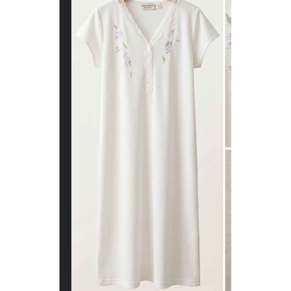 White Waffle Knit Nightgown Floral Embroidery Lace Trim Short Sleeve Sleepwear
